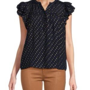 Nanette Lepore Navy Blue and Gold Ruffled Split Neck Collar Blouse Size Small